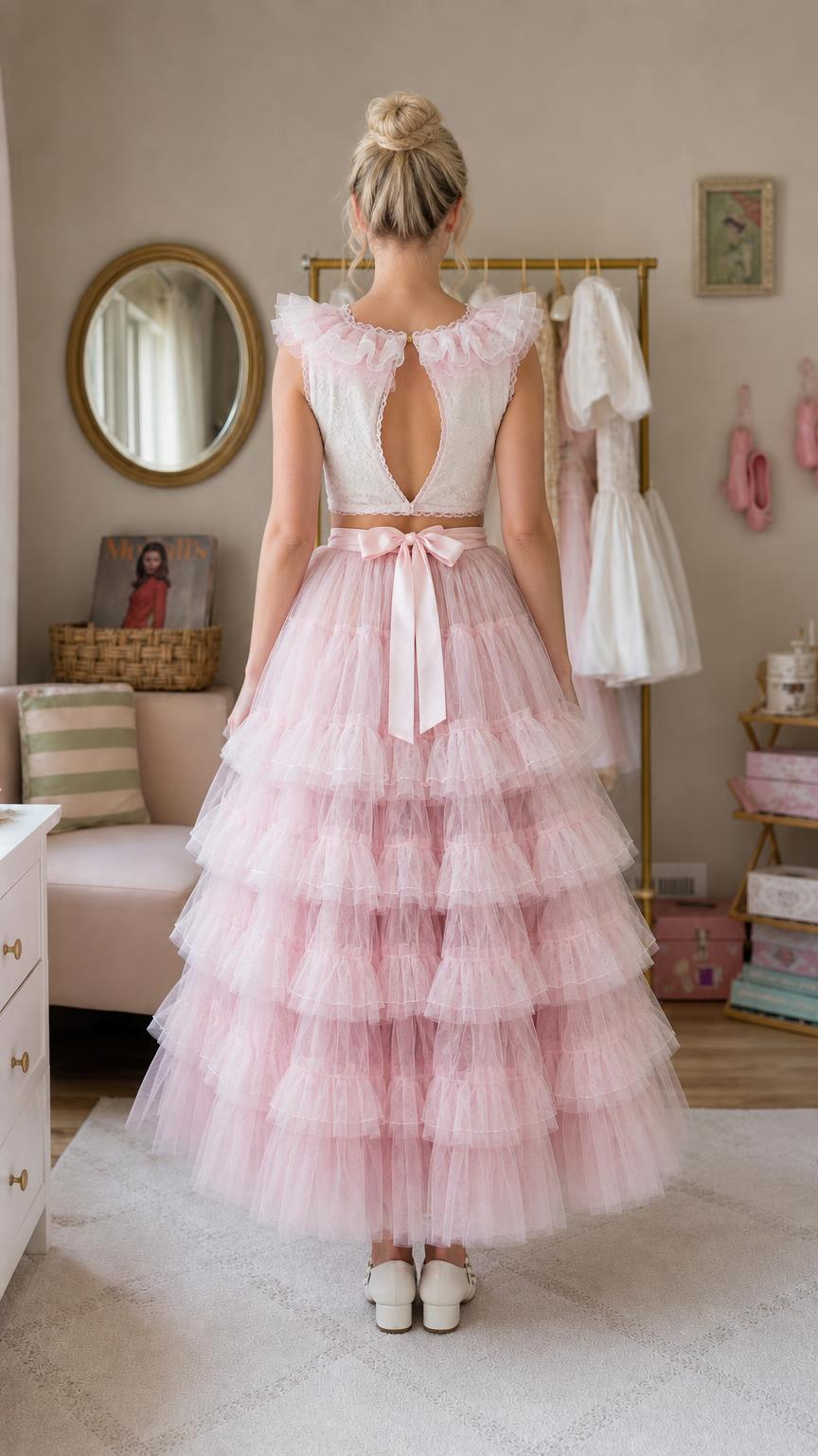 Back view showing cutout detail and bow on pink tulle dress