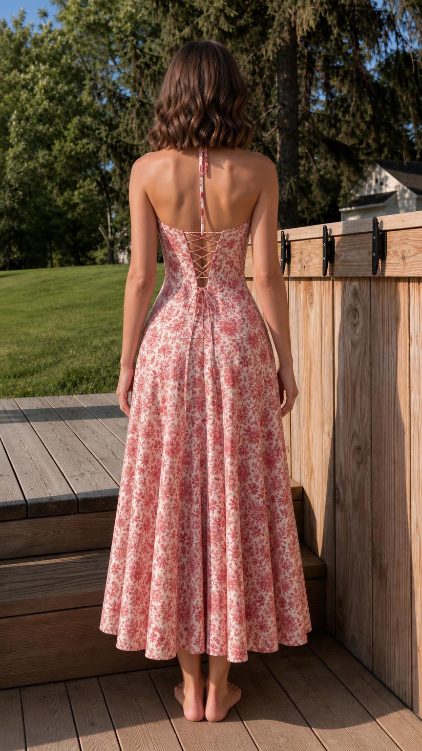 Back view of woman showing lace-up back detail on pink dress