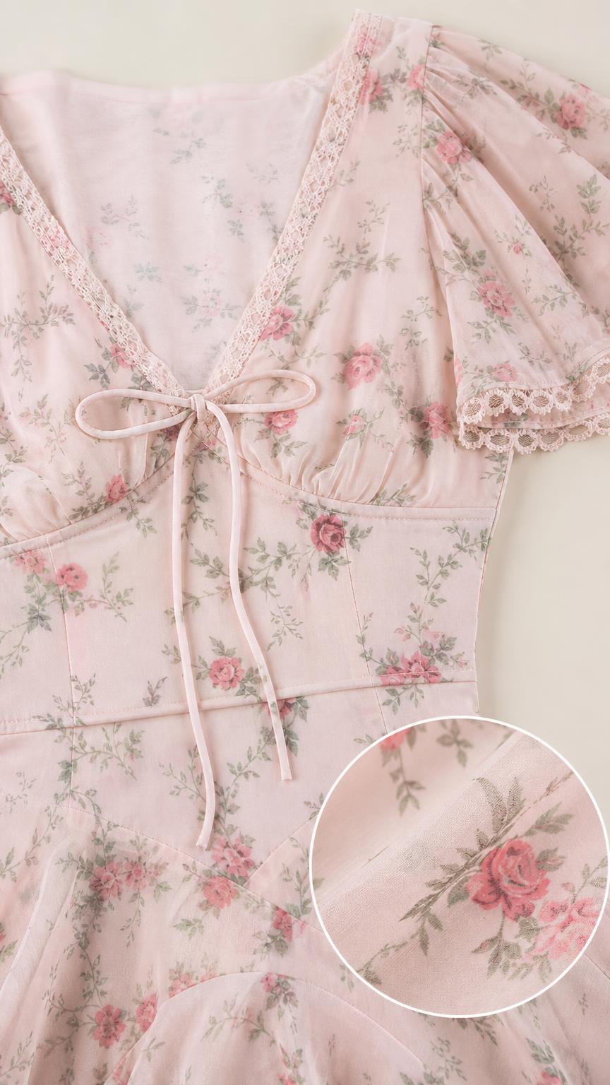 Close-up detail of V-neckline, tie, and lace trim on pink floral dress