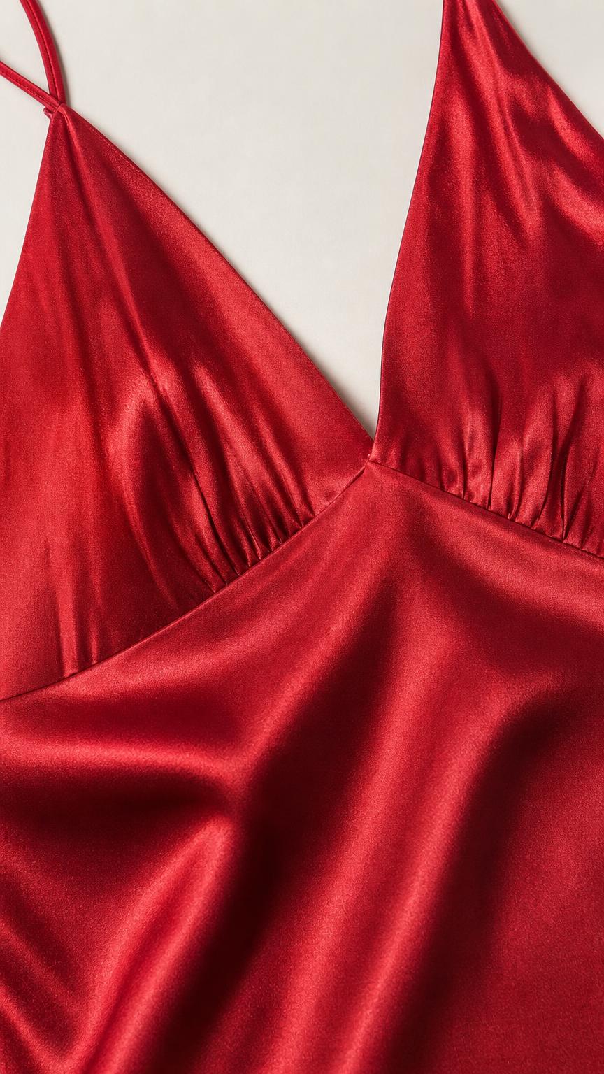 Close-up of the red satin-look fabric and gathered bust construction