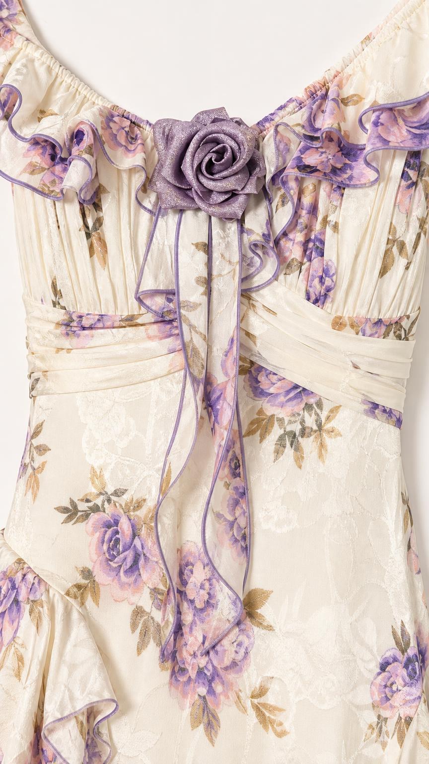 Close up of bodice with rosette accent on Ivory dress