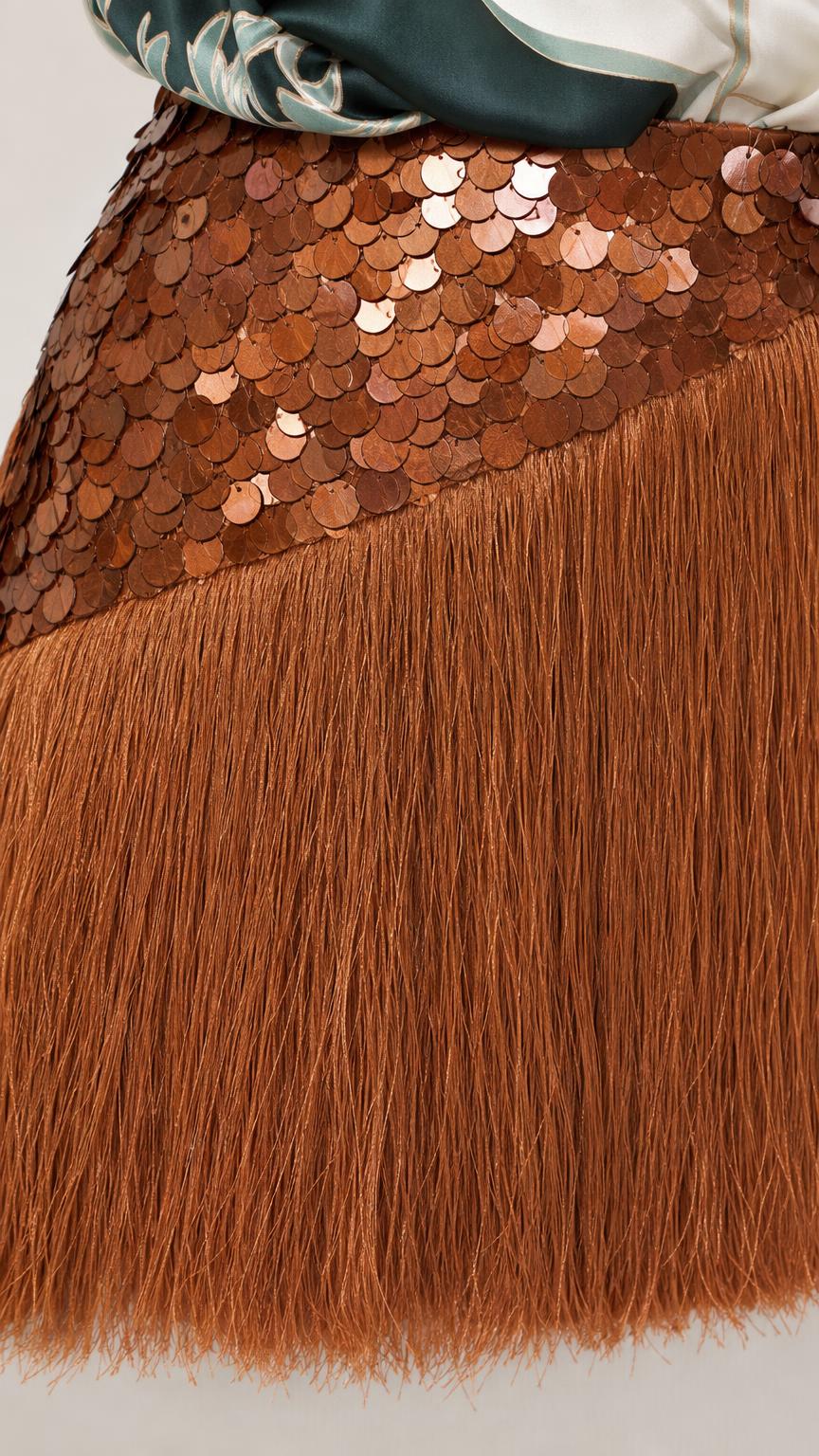 Close-up of brown sequin and fringe skirt detail