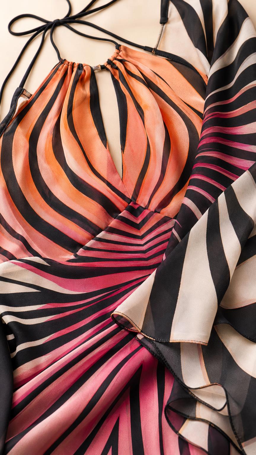 Close-up detail of neckline and patterned fabric
