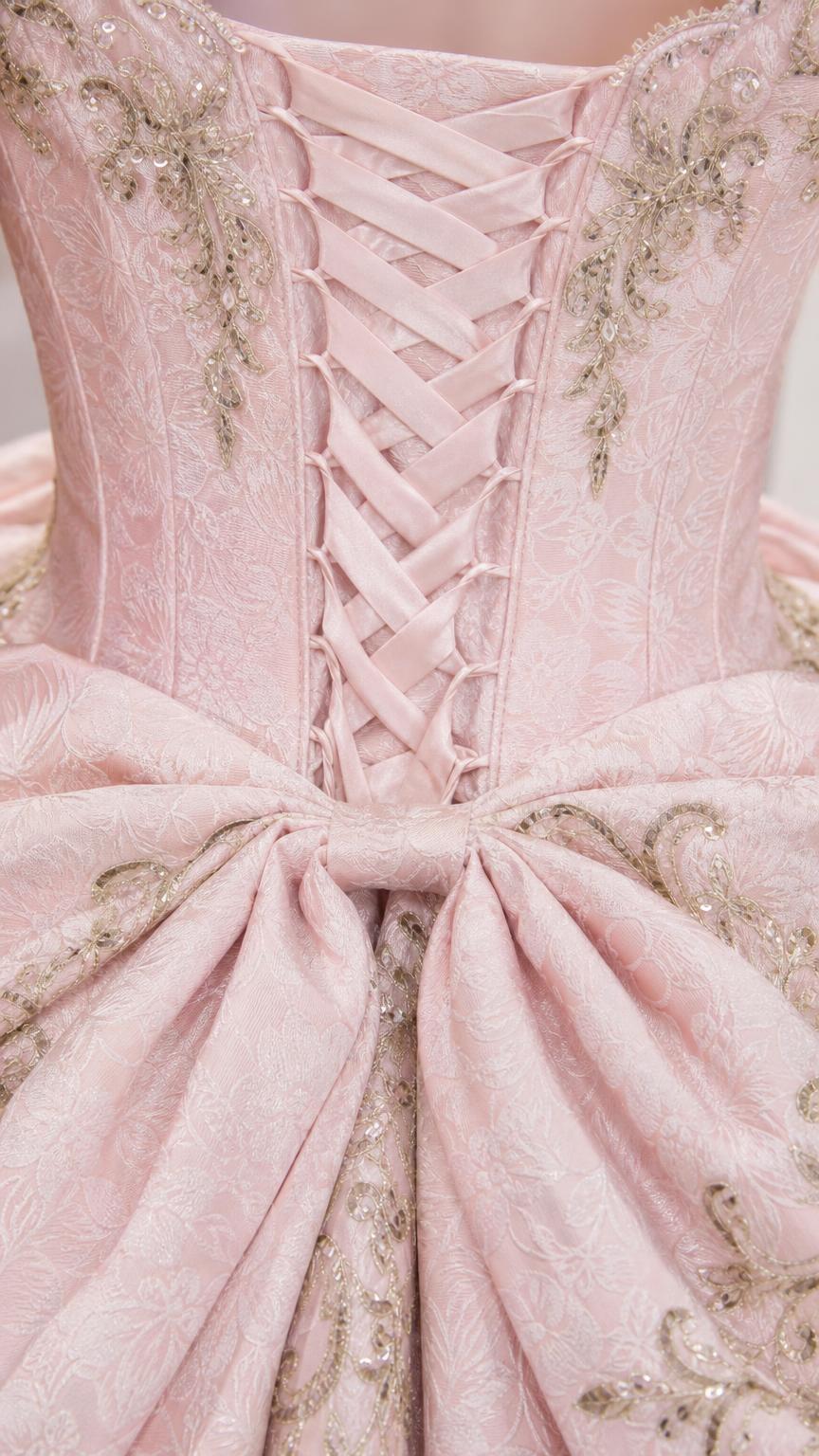 Close-up detail of lace-up corset back and embroidered bow