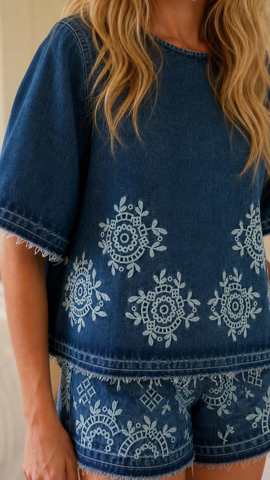Close-up detail of embroidery and raw hem on blue denim set