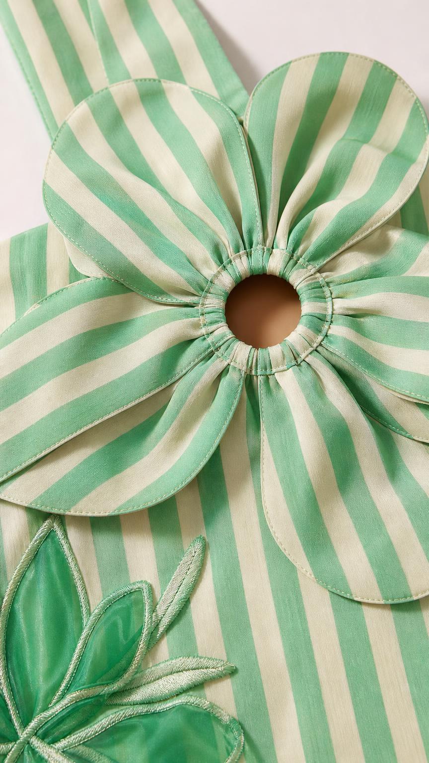 Close-up of halter neckline cut-out ring and fabric petals
