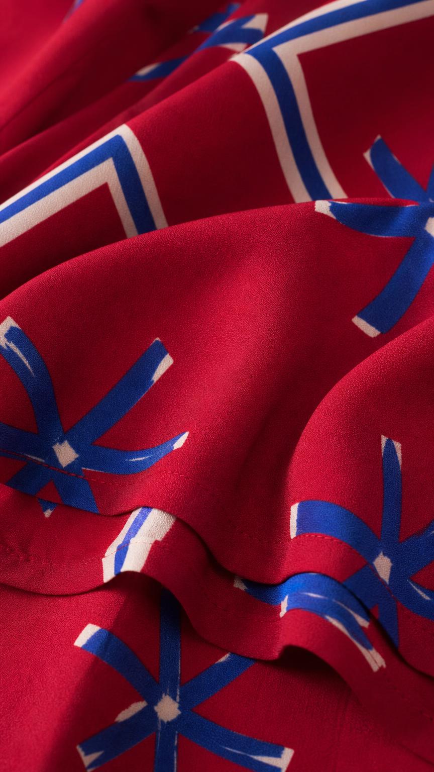 Close-up fabric texture showing red and blue floral pattern