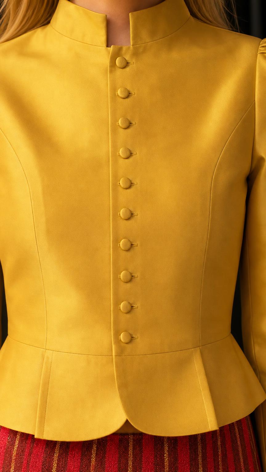 Close-up detail of yellow jacket mandarin collar and front buttons