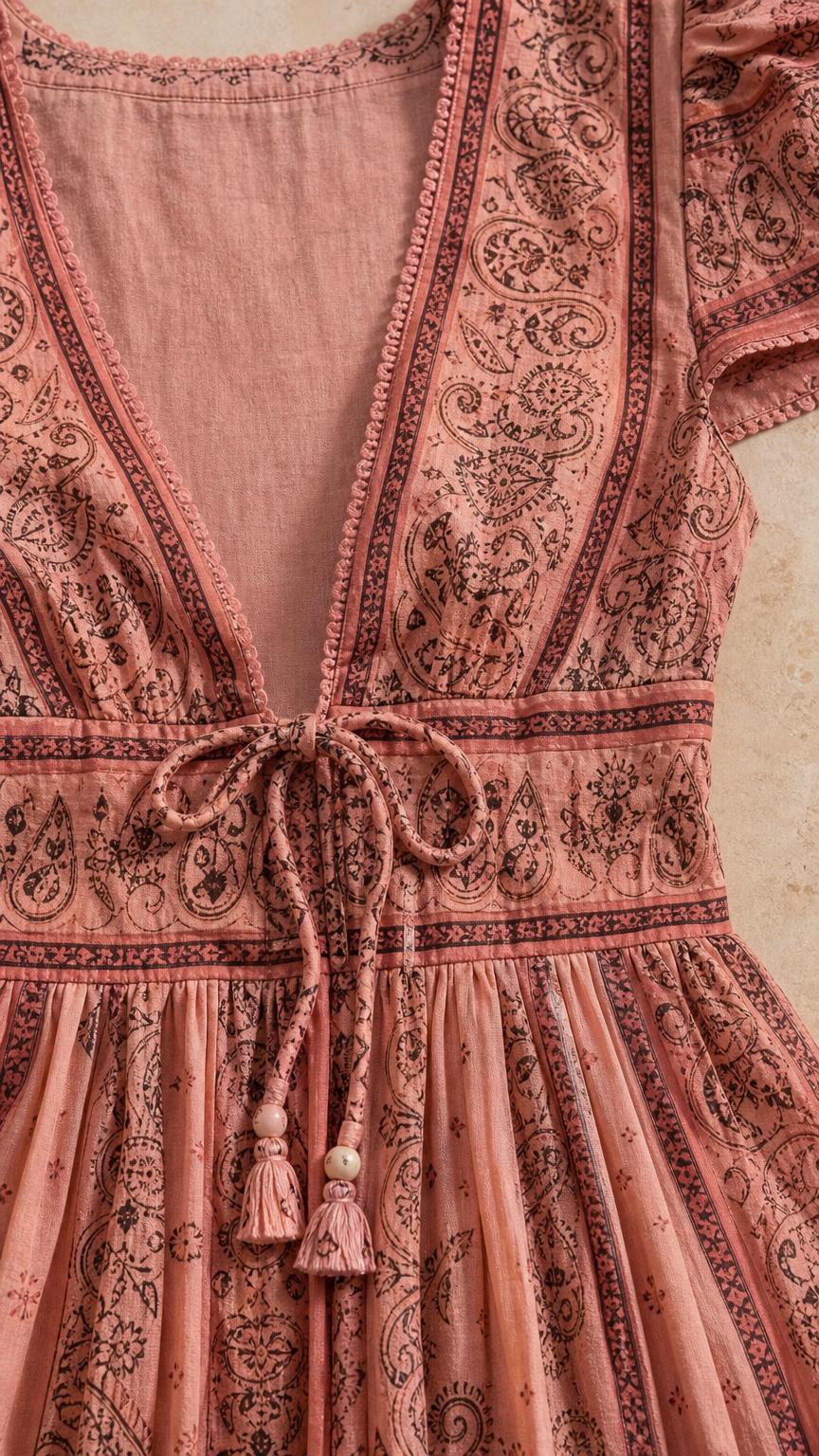 Close-up detail of V-neckline and tassel tie on pink dress