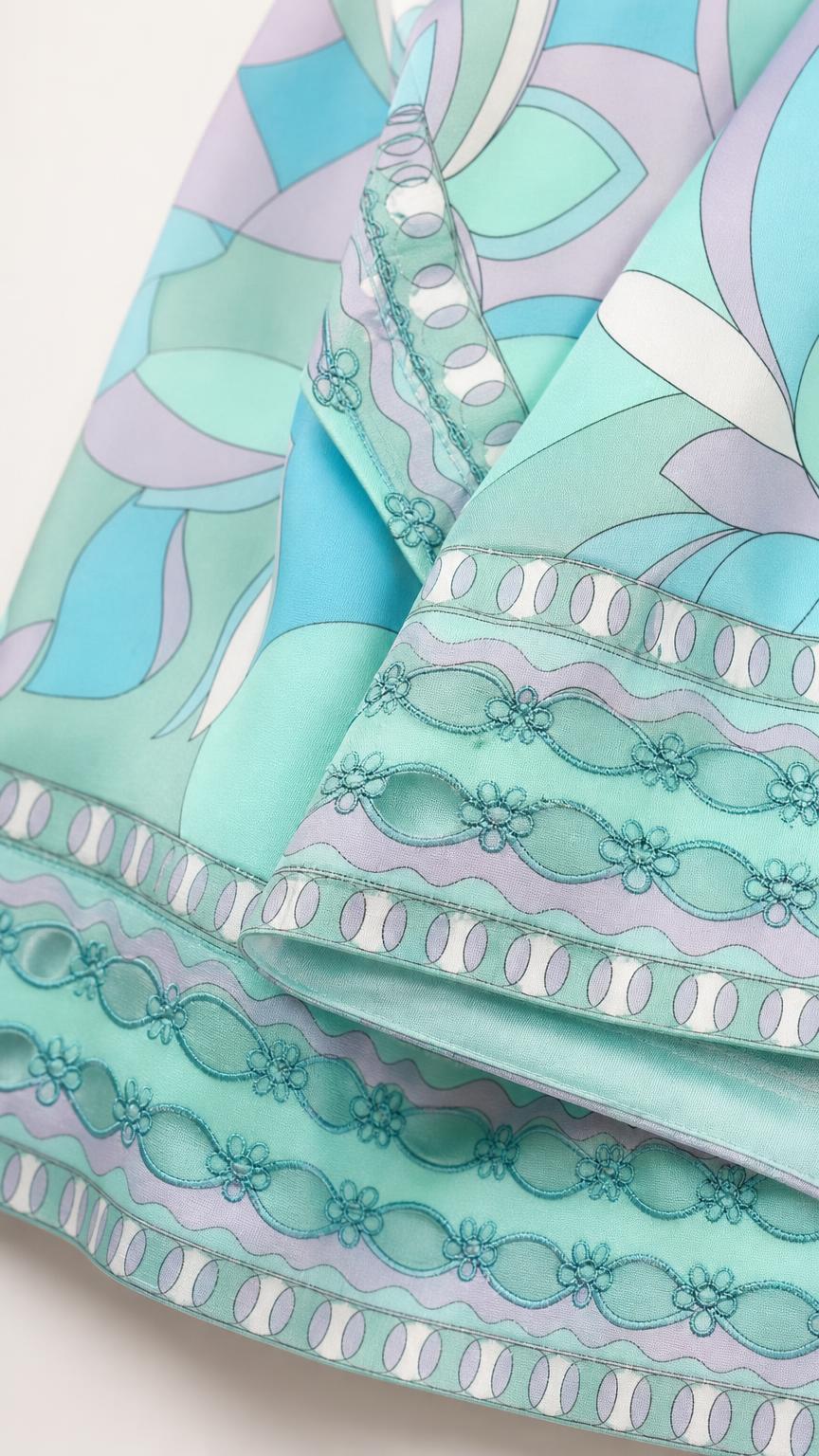 Close-up detail of fabric pattern and embroidered hem