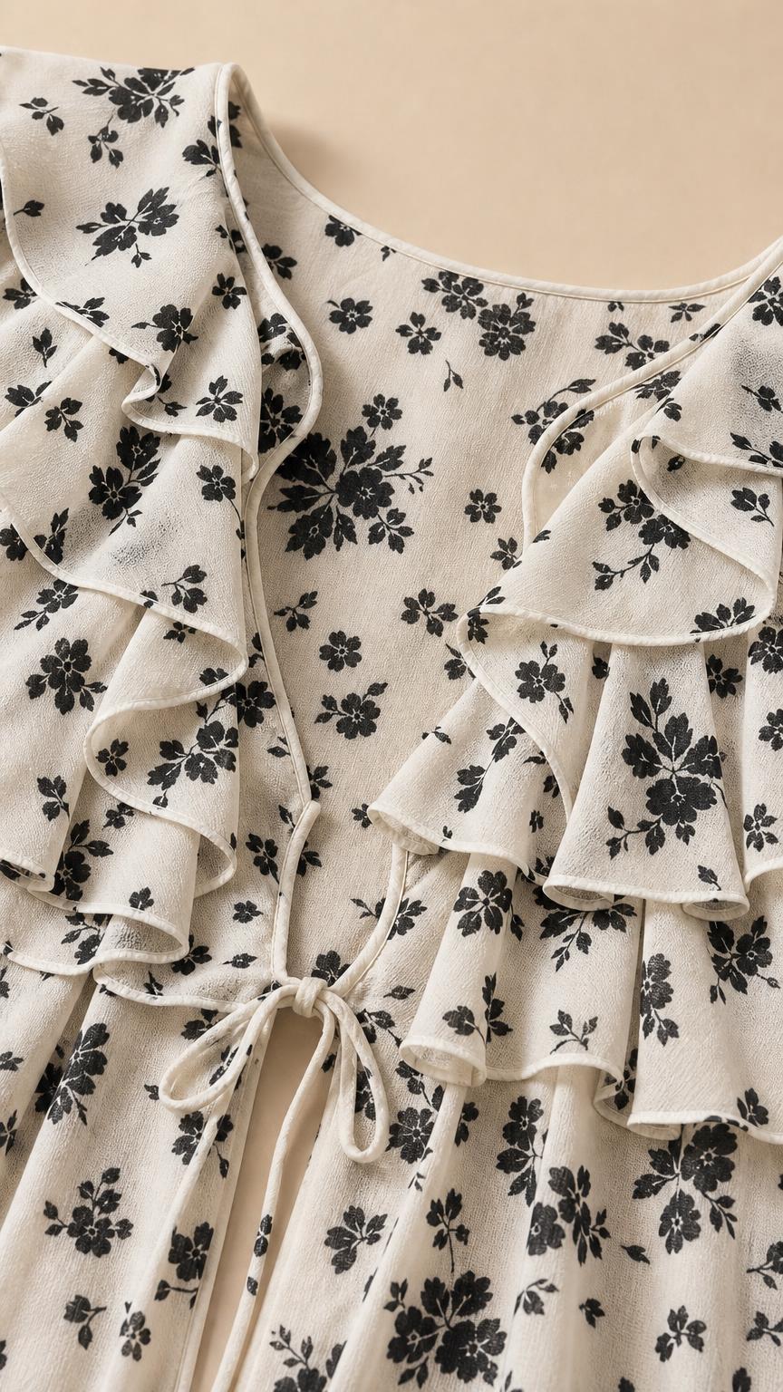 Close-up detail of white floral crop top ruffles and tie front