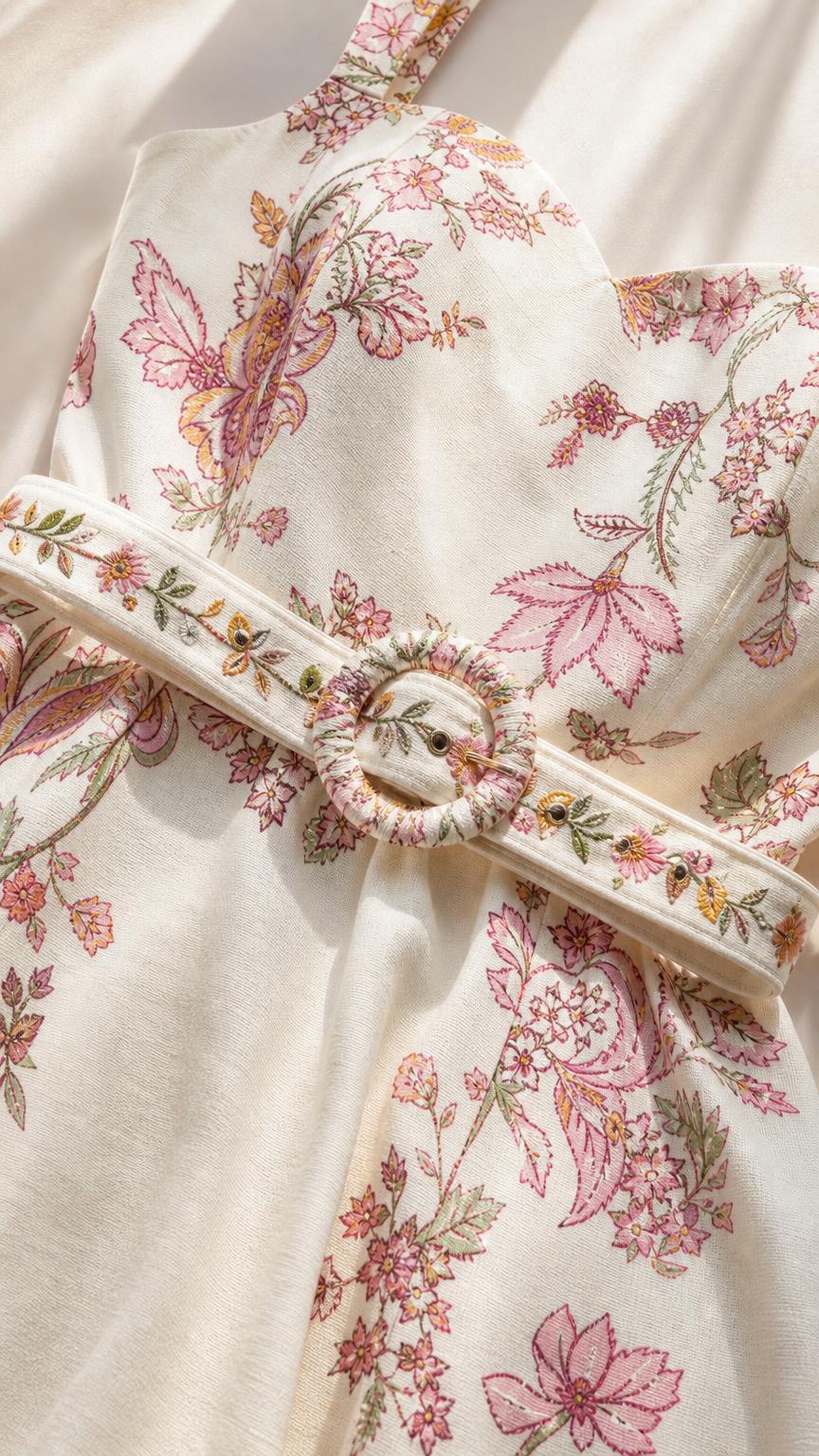 Close-up detail of embroidered bodice and matching belt
