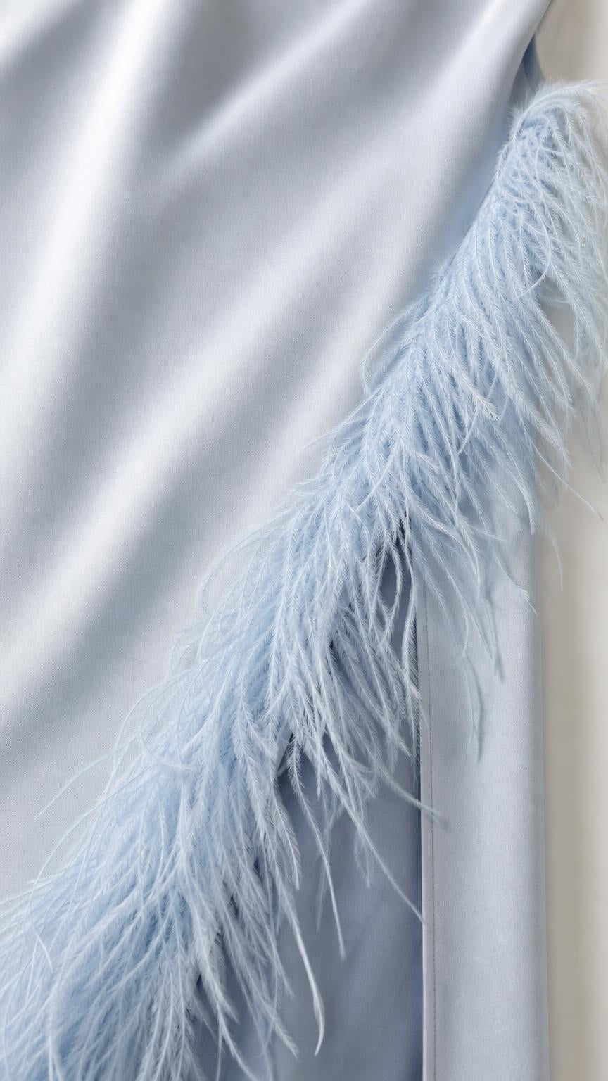 Close-up of feather trim detail on light blue satin dress
