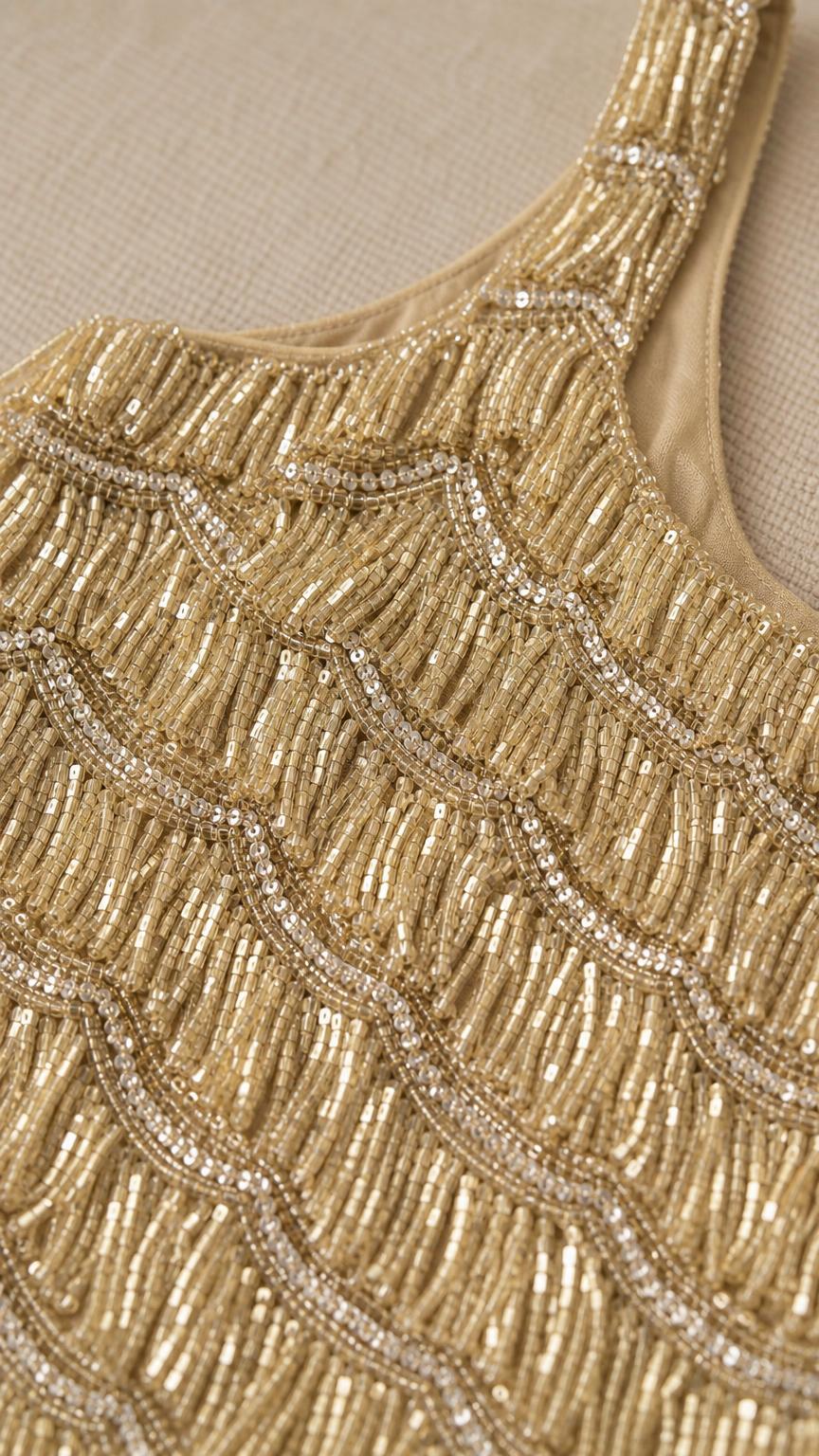 Close-up detail of gold sequin and bead pattern on scoop neckline