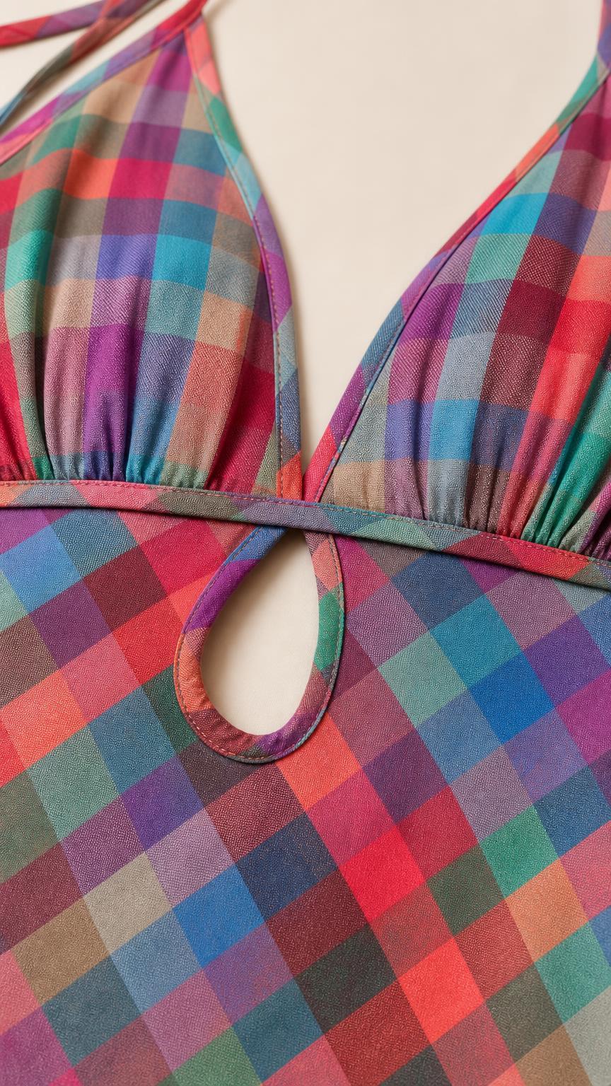 Close-up detail of front cutout and plaid fabric pattern
