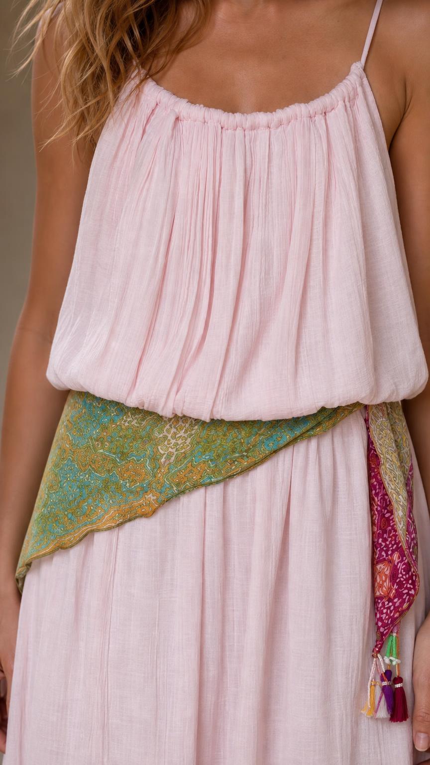 Close-up detail of bodice and waist scarf on pink dress