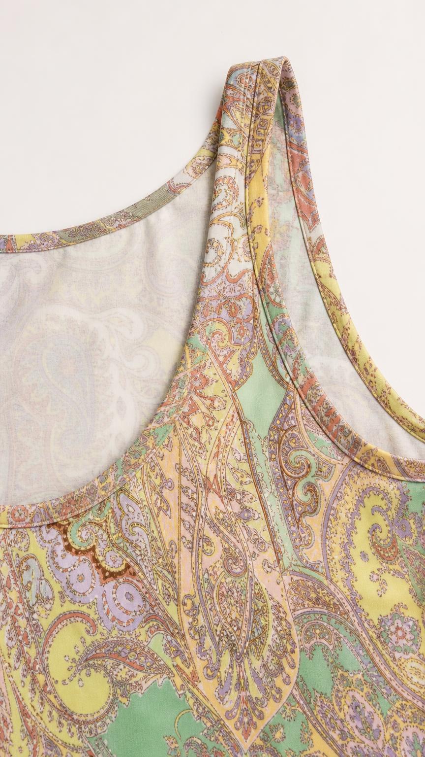 Close-up of paisley print and neckline detail