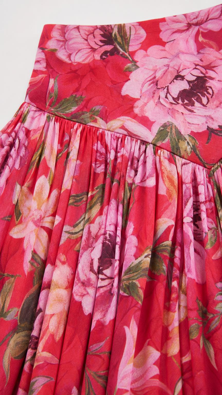 Close up of Red floral fabric and gathering detail