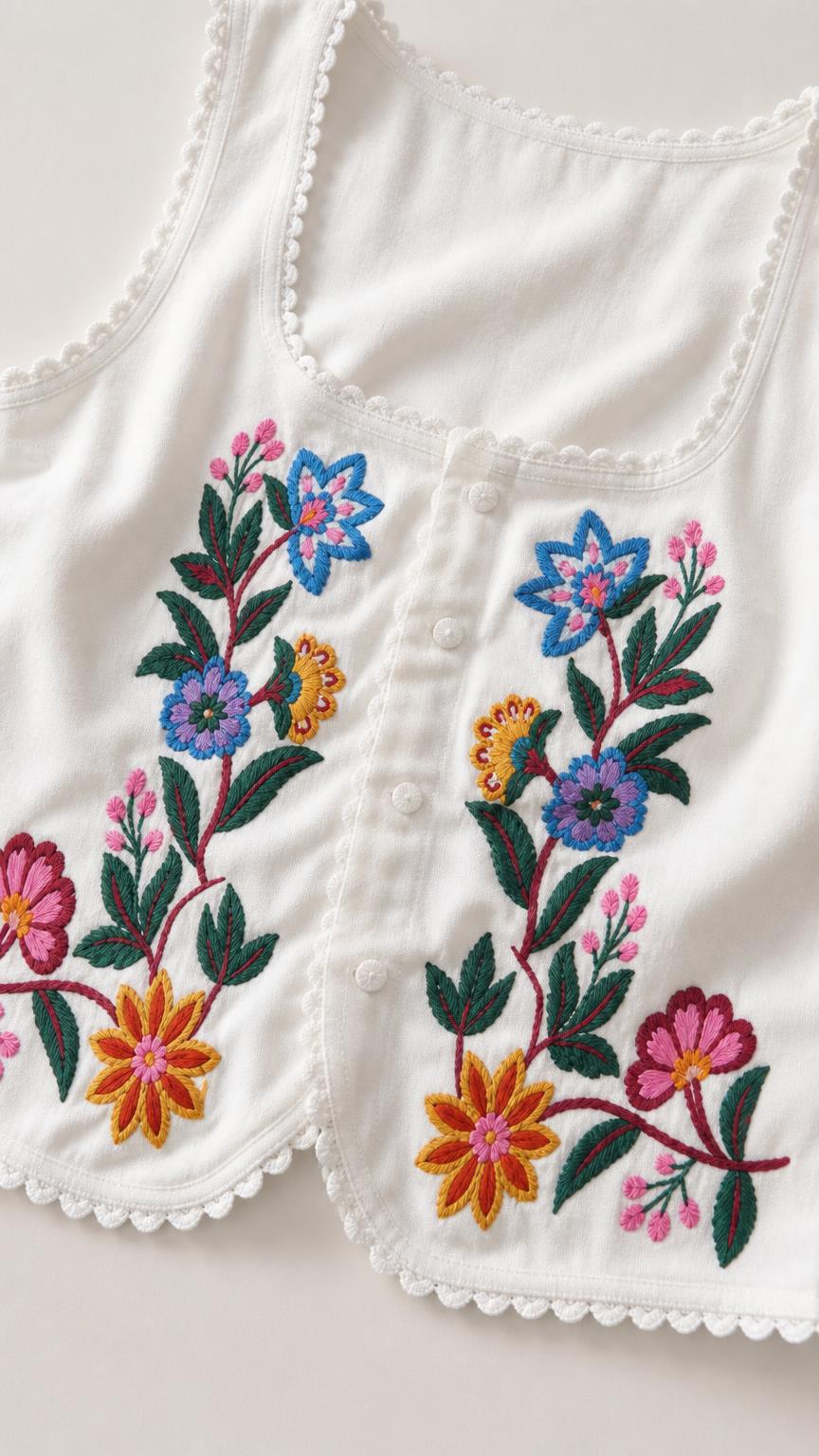 Close-up detail of white vest with multicolored floral embroidery and scalloped trim
