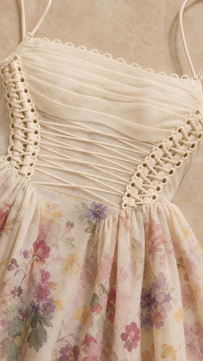 Close-up detail of ivory floral dress bodice and lace-up side
