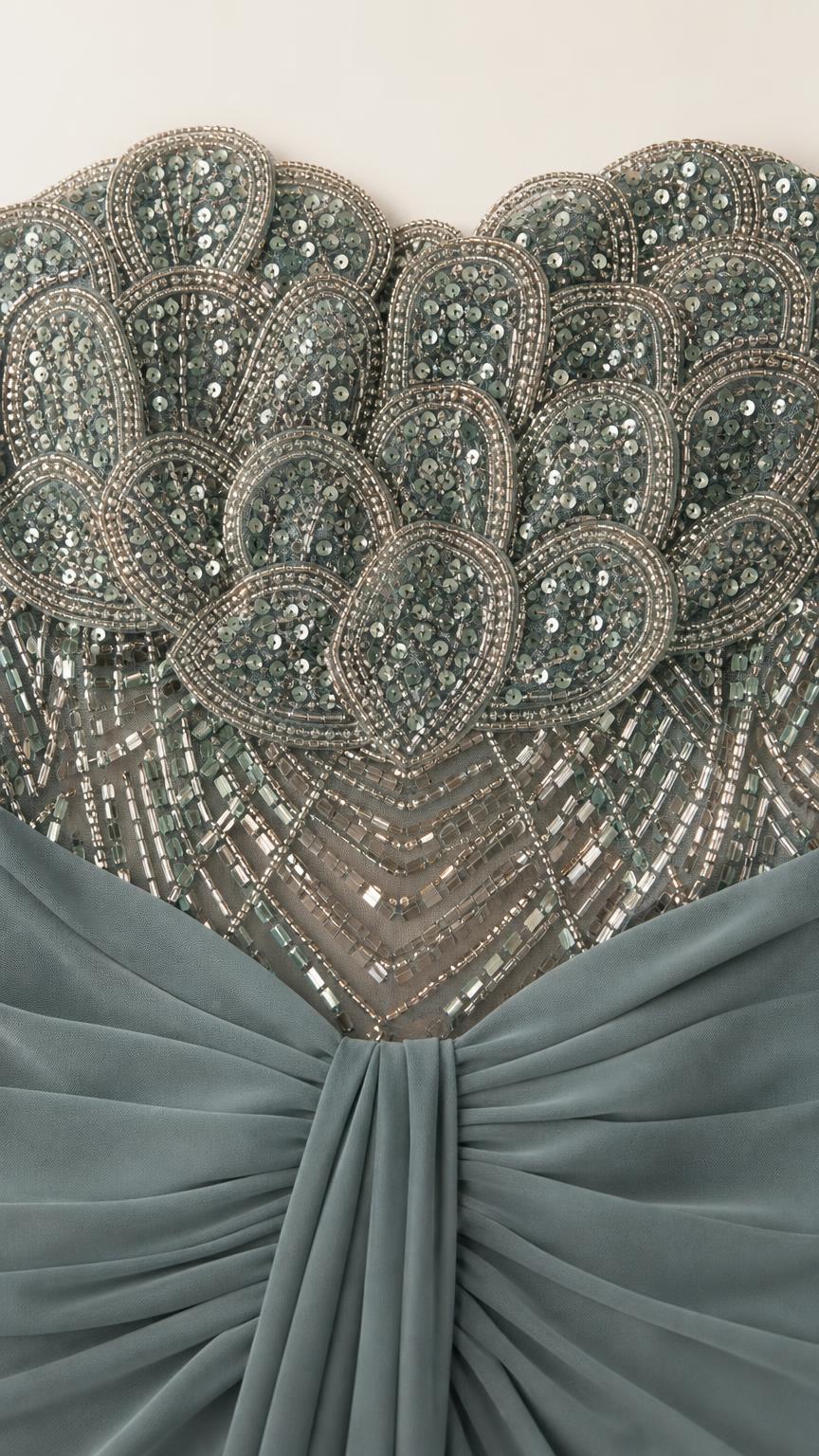 Close-up detail of sequin and beadwork bodice