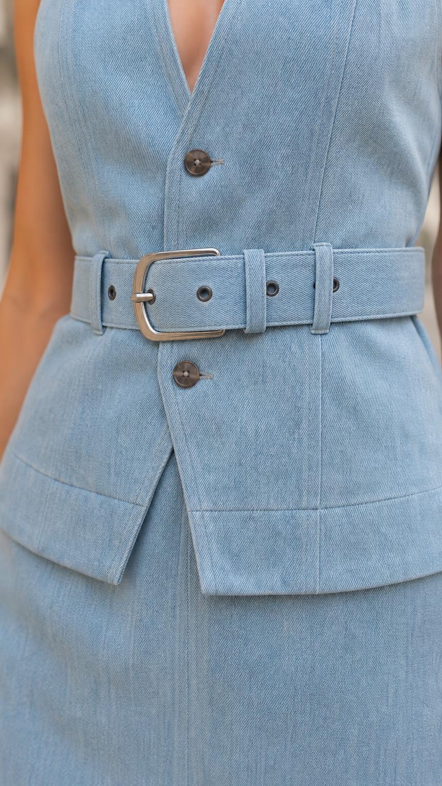 Close-up of vest buttons and belt detail on light blue set