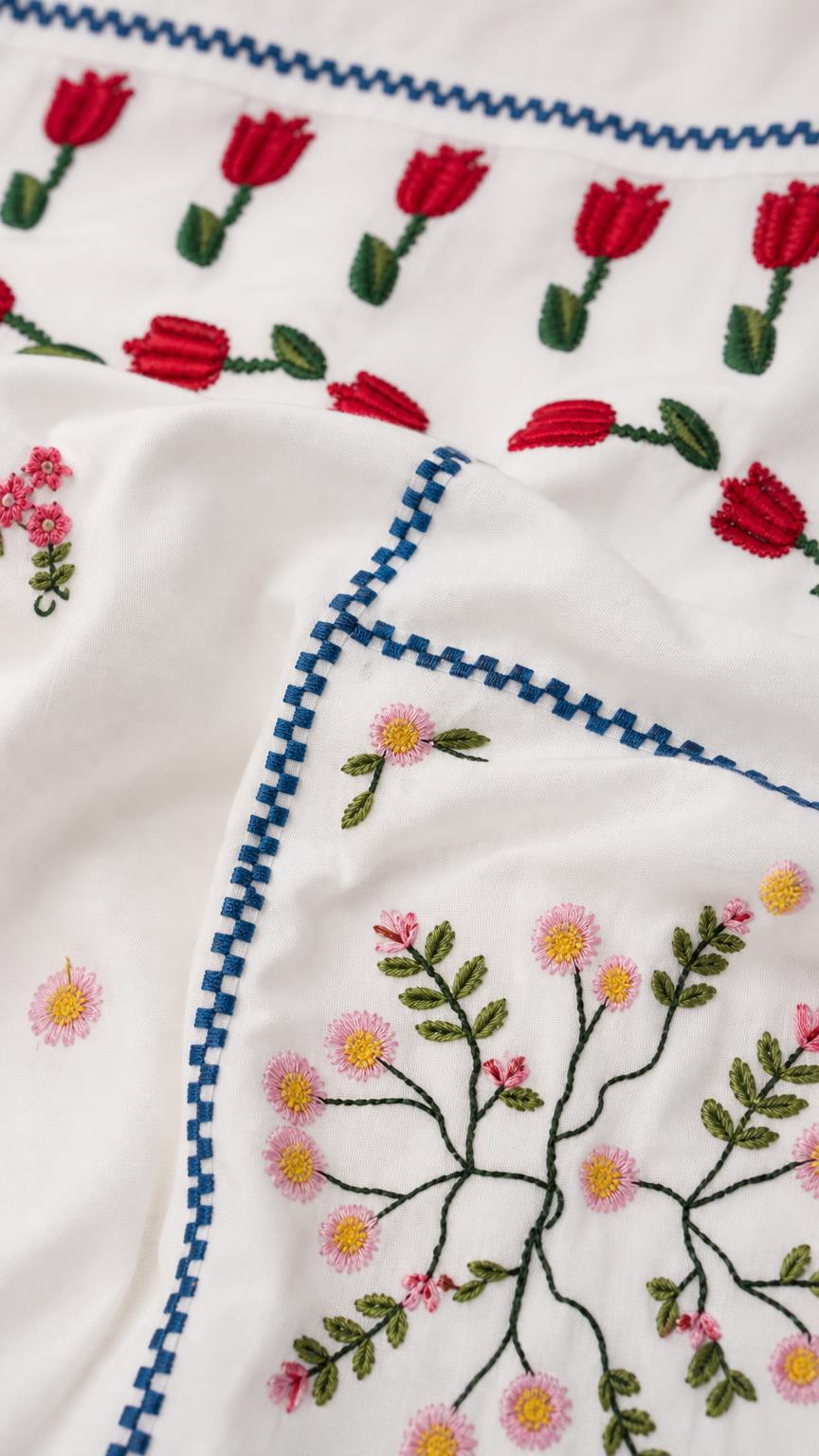 Close-up detail of floral embroidery and patchwork pattern