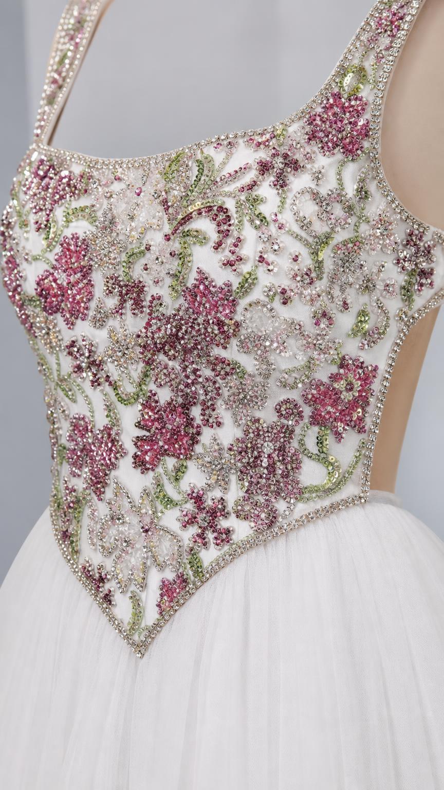 Close-up detail of beaded and embroidered sweetheart bodice