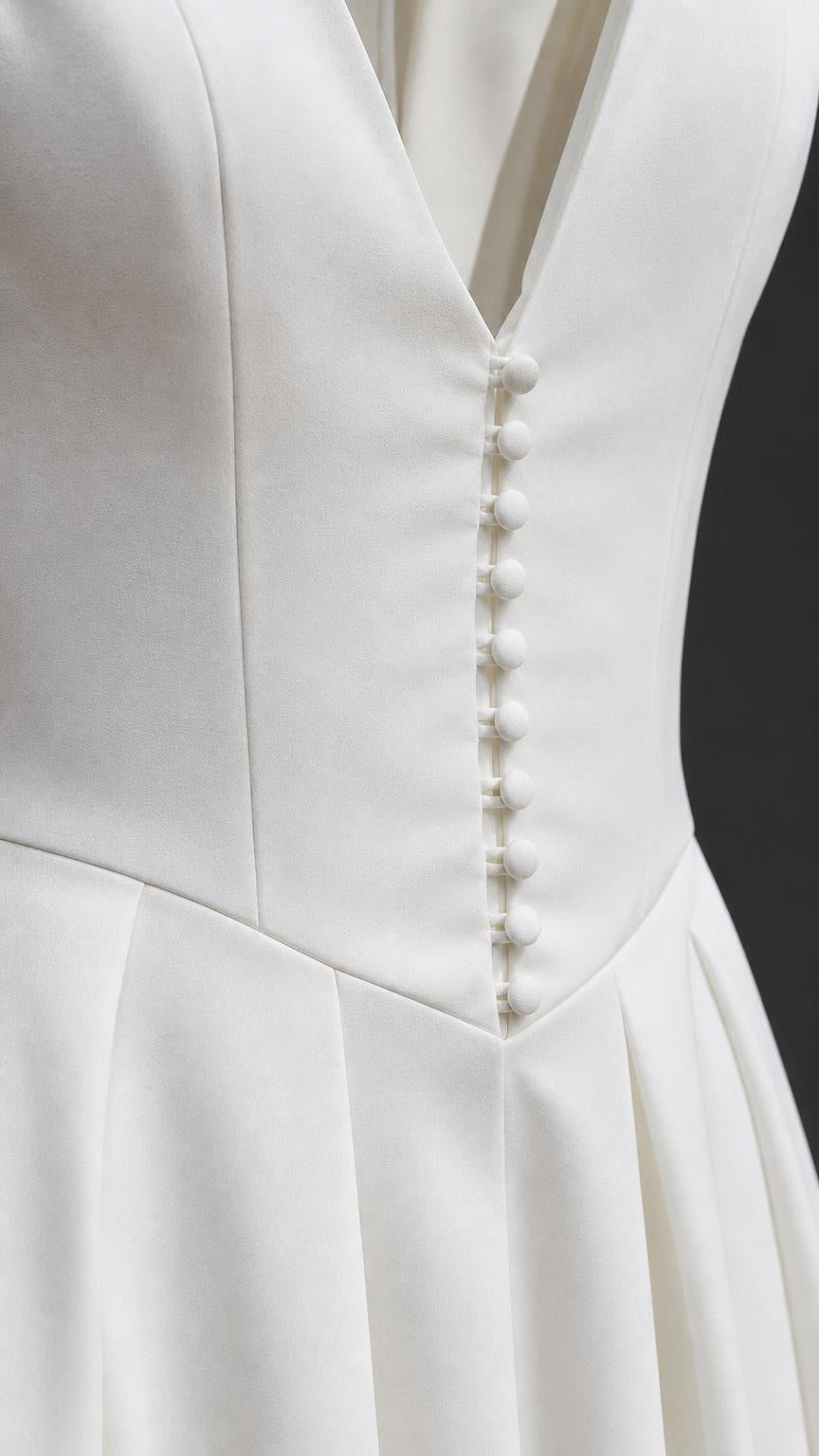 Close-up detail of the front V-neck and covered buttons