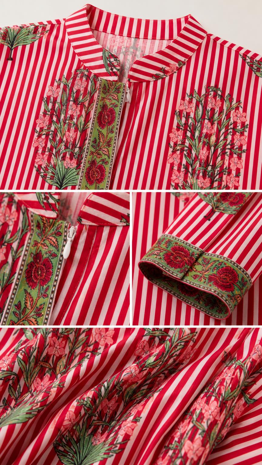 Close-up details of collar, embroidery, and cuffs on red striped dress