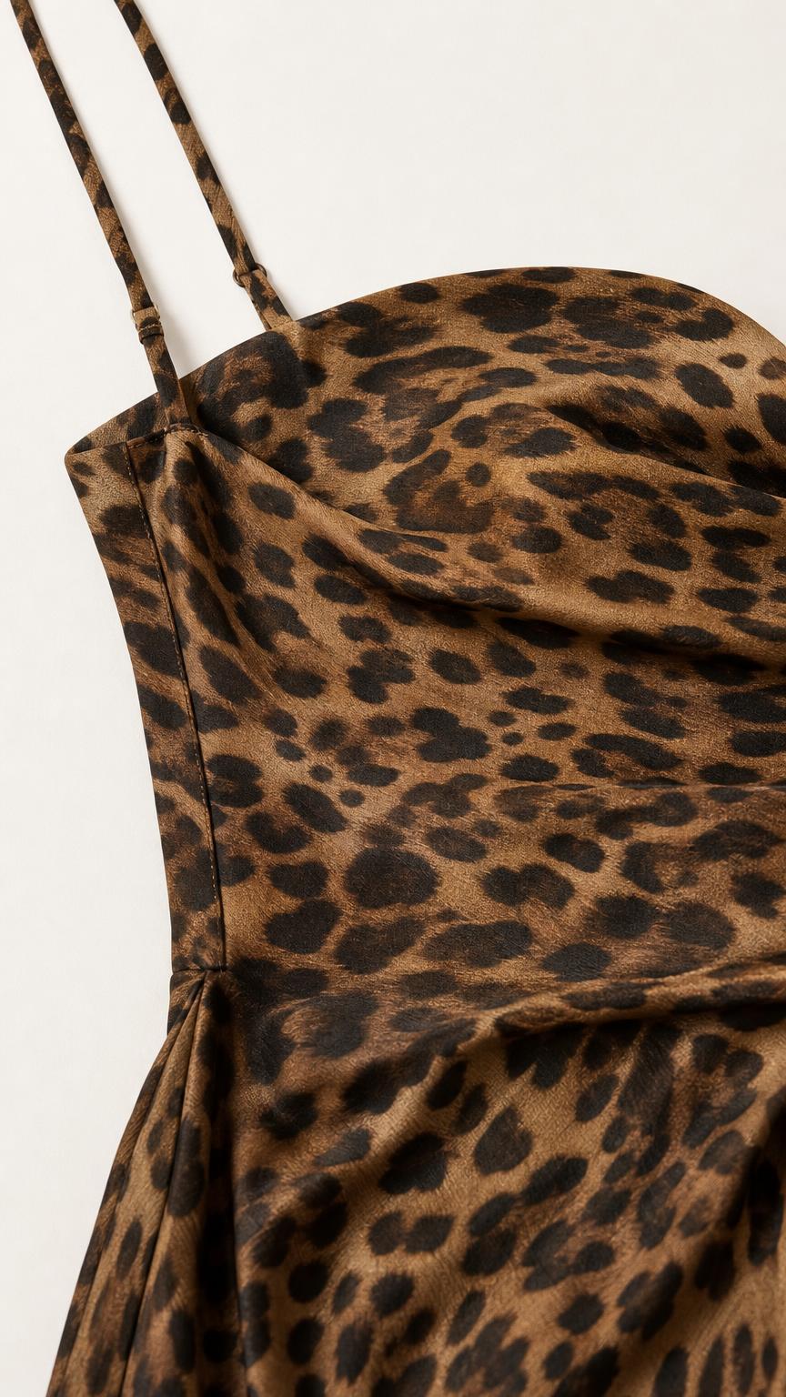 Close-up detail of cowl neckline and adjustable strap on Brown Leopard dress