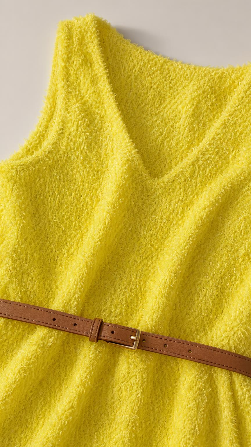 Close-up of yellow textured fabric and V-neckline
