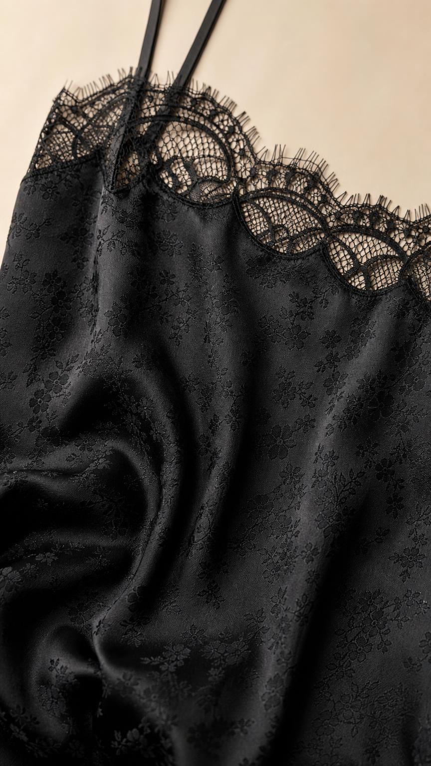 Close-up of black satin fabric with intricate lace trim and spaghetti straps