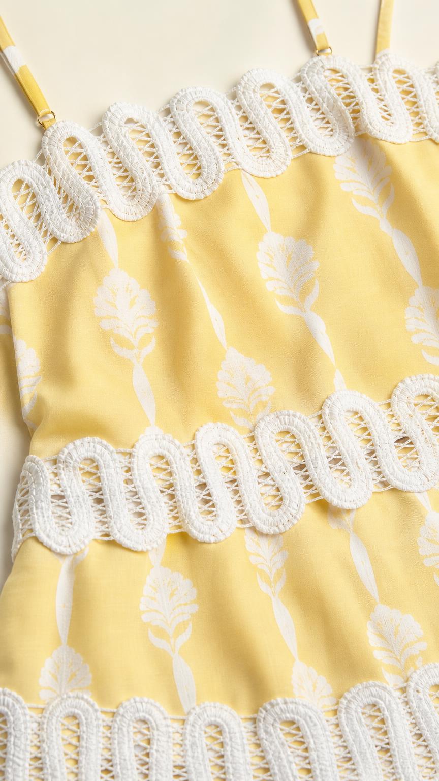 Close-up detail of yellow dress fabric and crochet trim