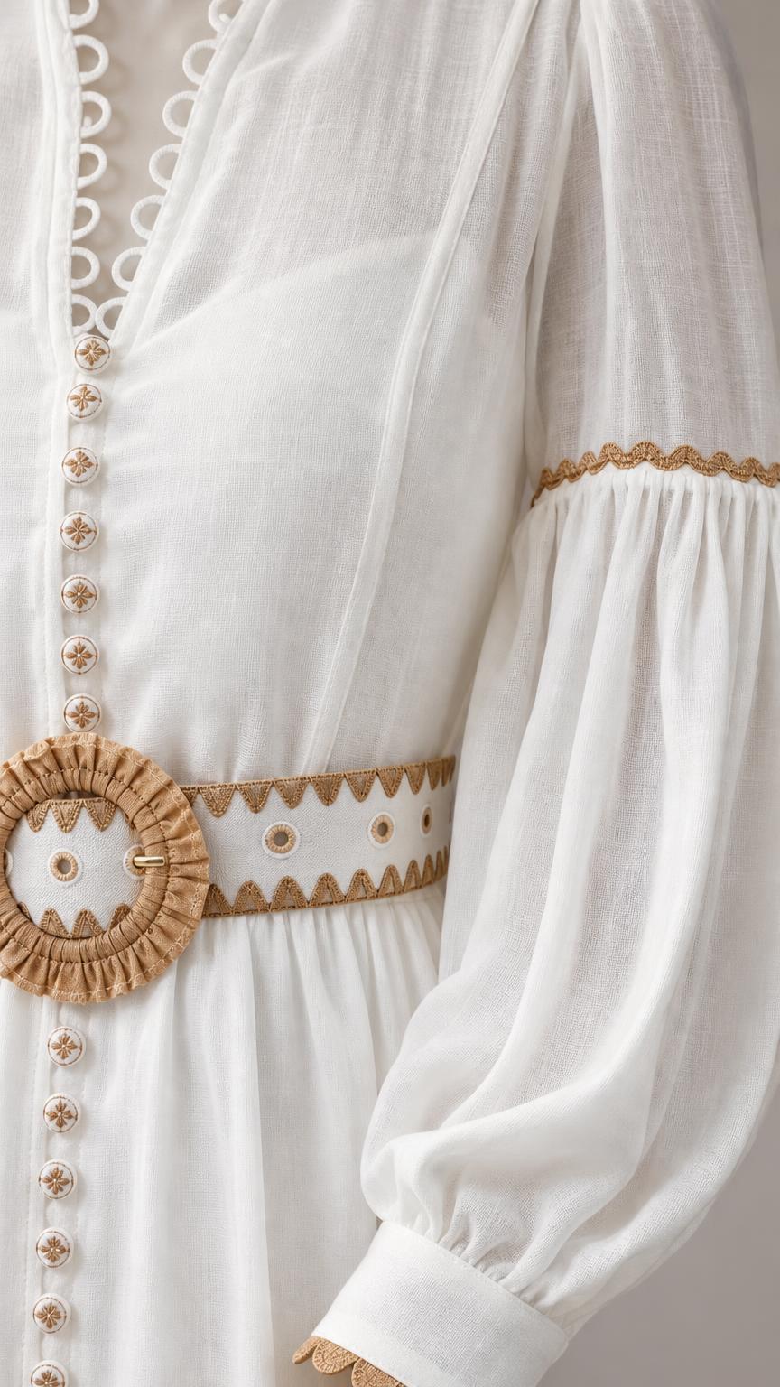 Close up of button details and woven belt on white maxi dress