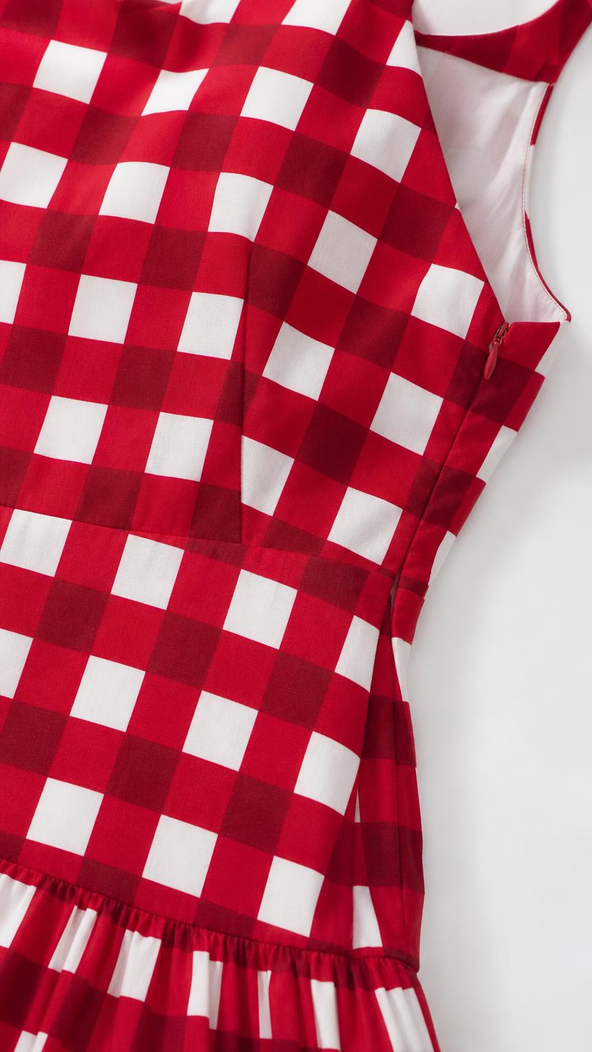 Close-up detail of red gingham fabric and side zipper