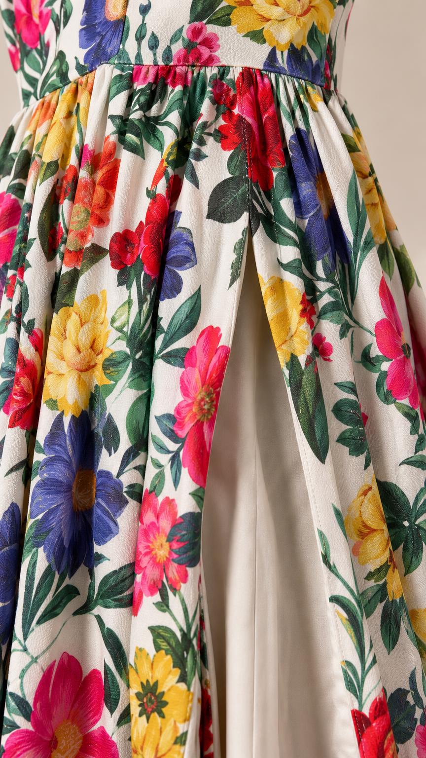 Close-up detail of floral pattern and leg slit
