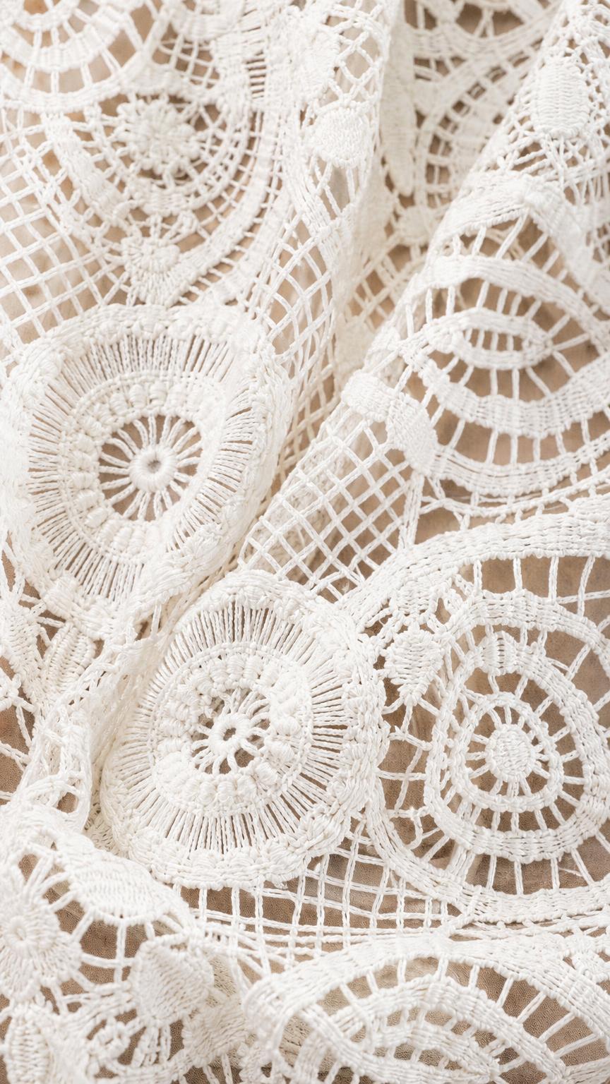 Close-up detail of White crochet lace fabric texture