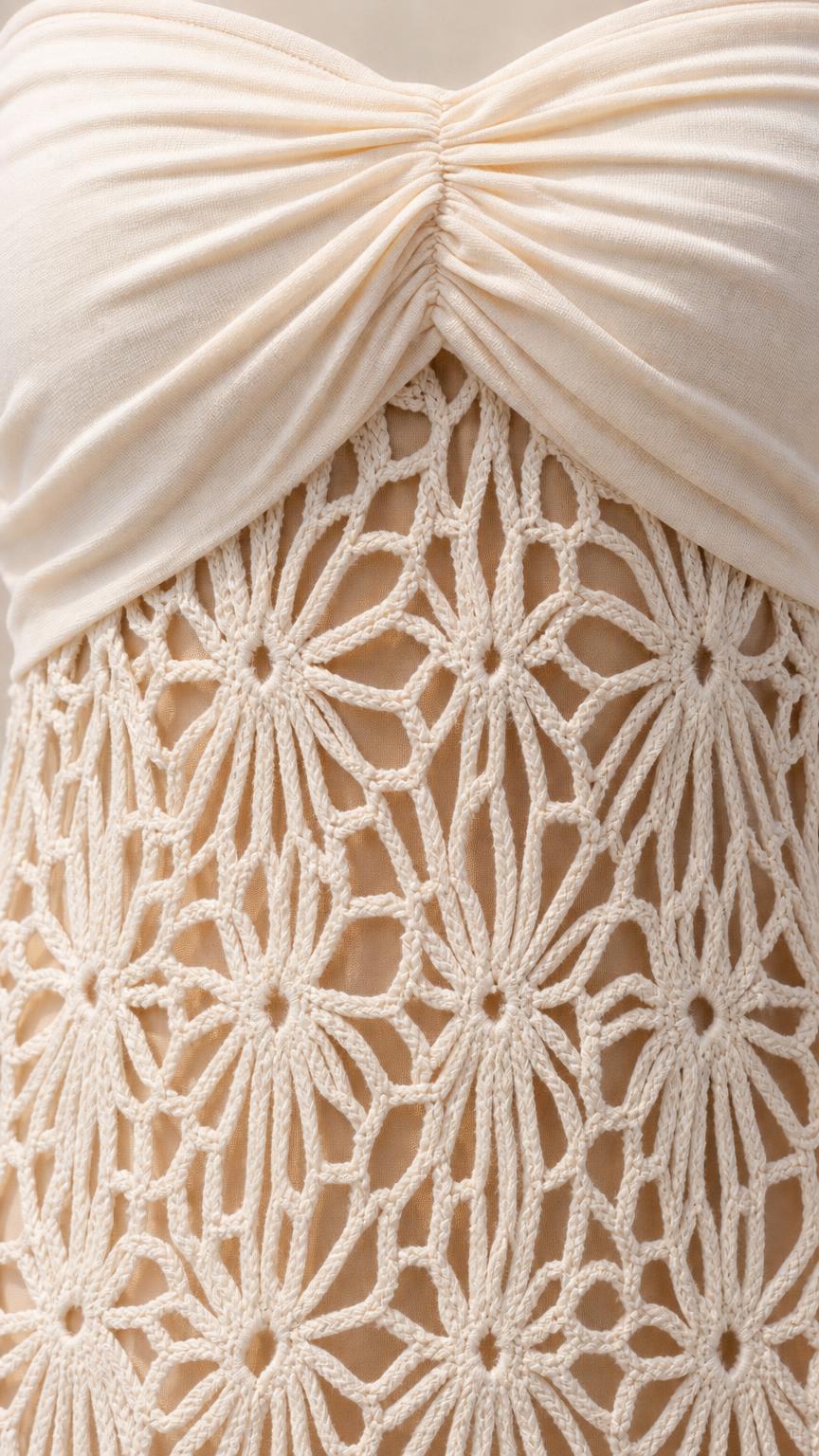 Close-up detail of ruched bodice and geometric crochet pattern