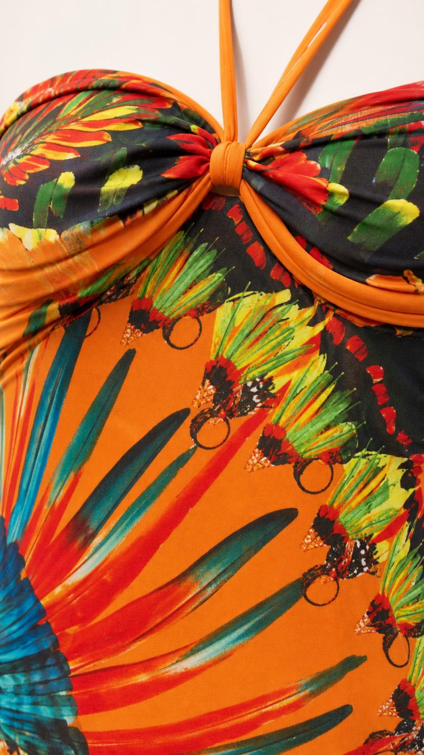 Close-up detail of the bodice knot and print pattern