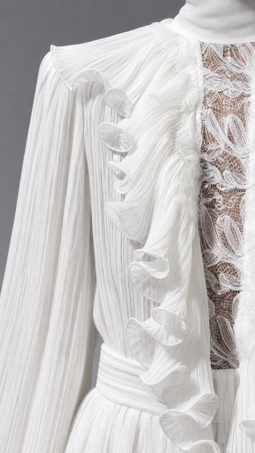 Close-up of lace bodice and ruffle trim on white maxi dress