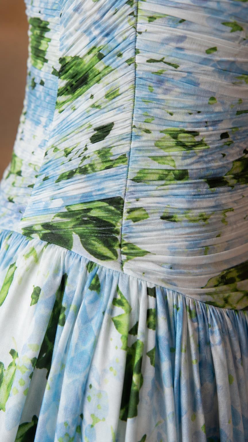 Close-up detail of bodice ruching and fabric texture