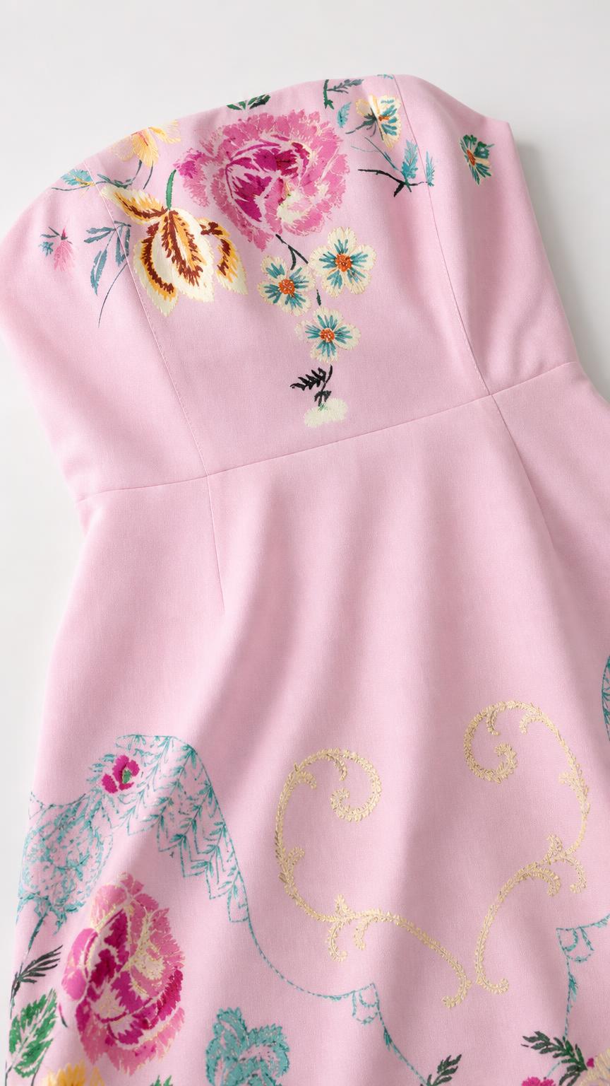 Close-up of floral embroidery detail on pink dress