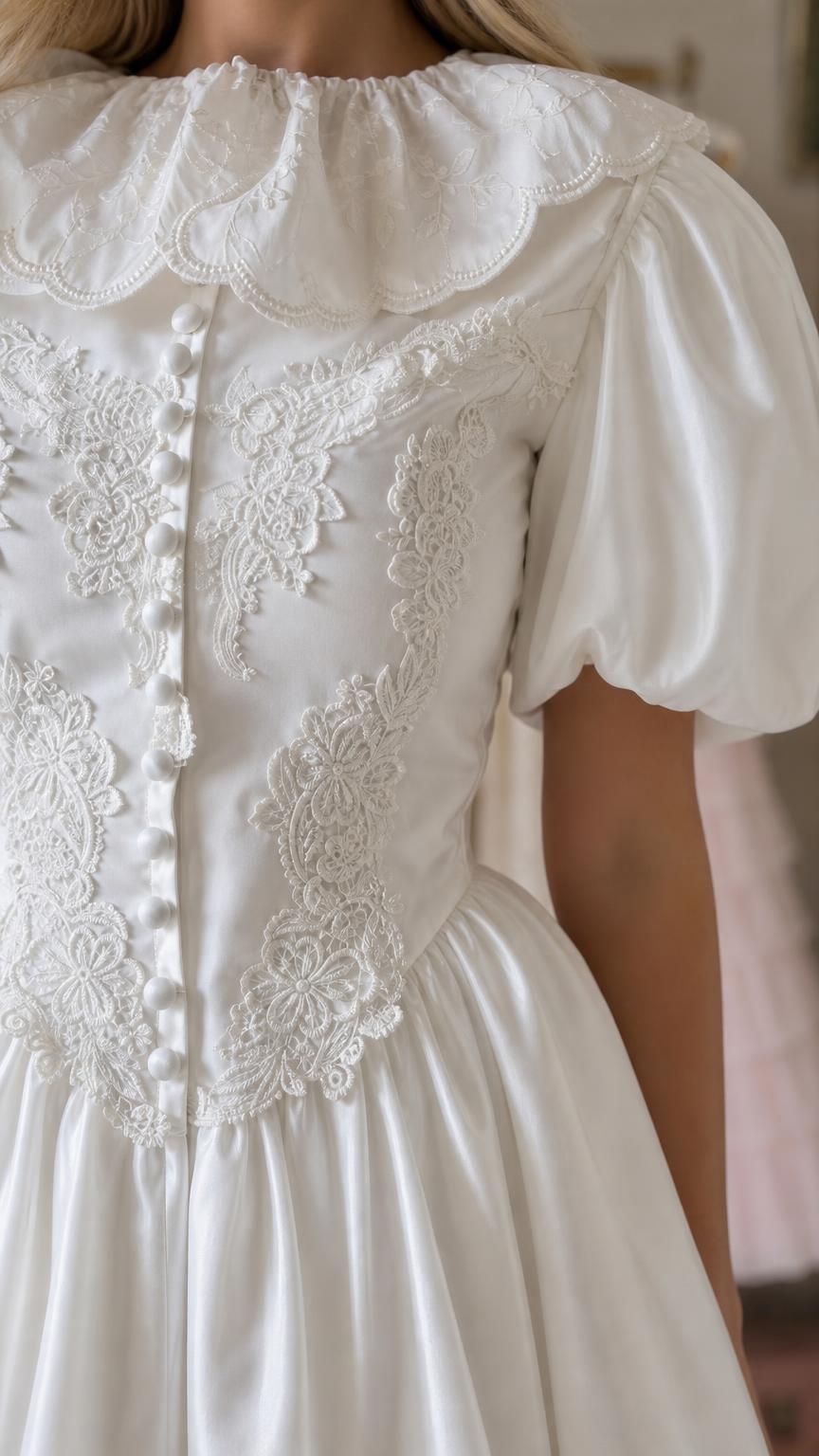 Close up of lace bodice and button details on white dress