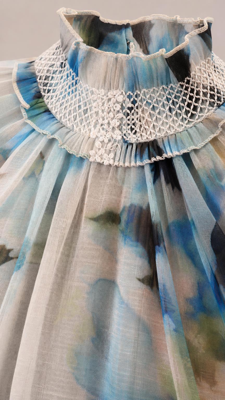 Close-up detail of high lace ruffle collar and pleated bodice