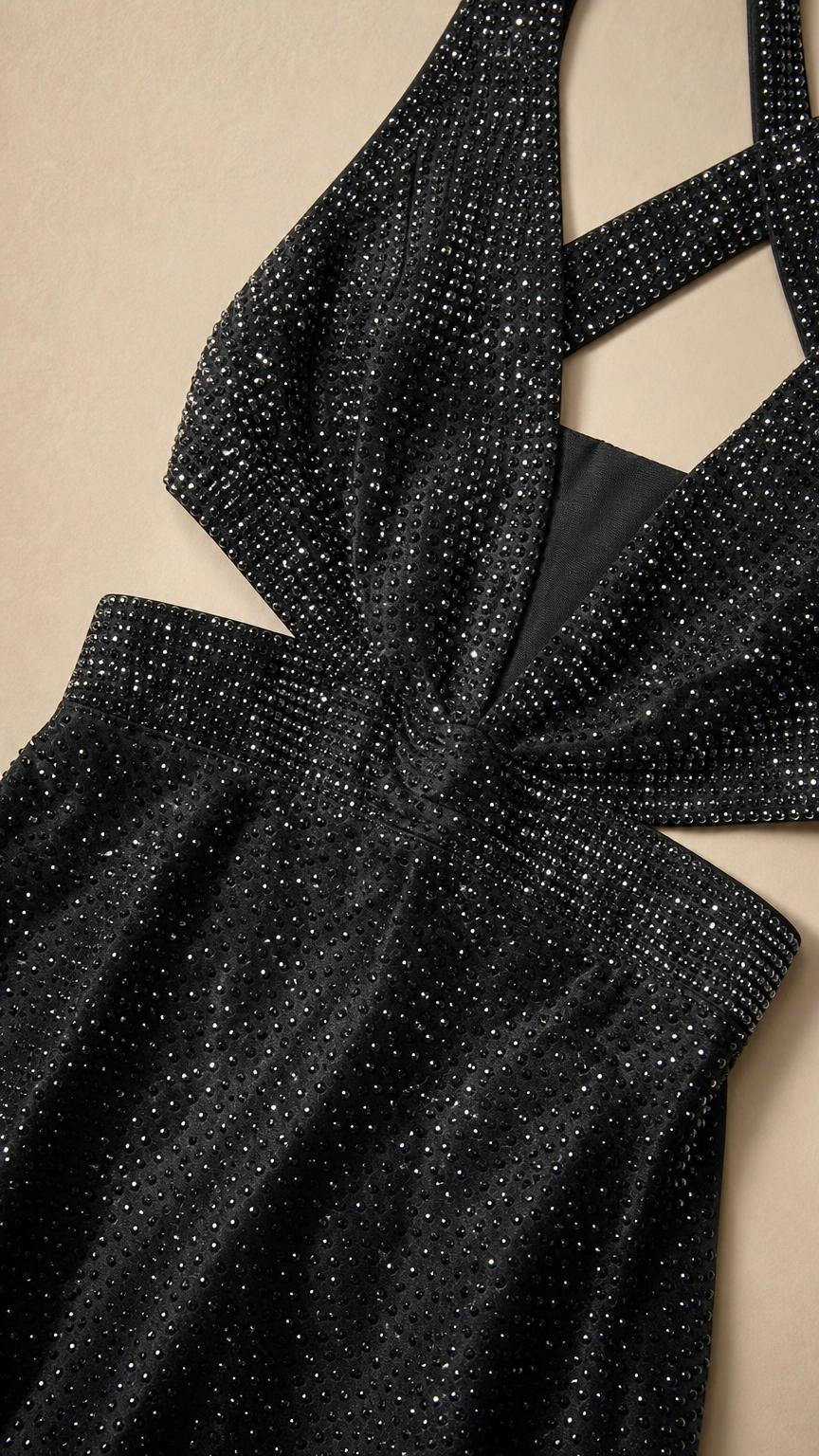 Close-up detail of fabric texture and cutout design on black dress