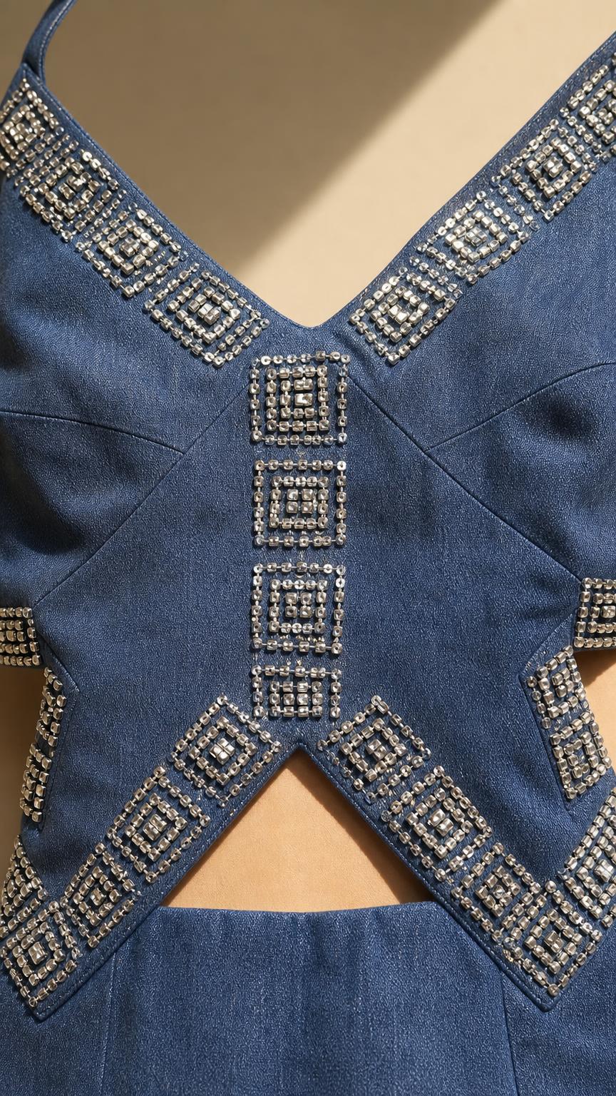 Close-up of rhinestone embellishments and waist cutouts