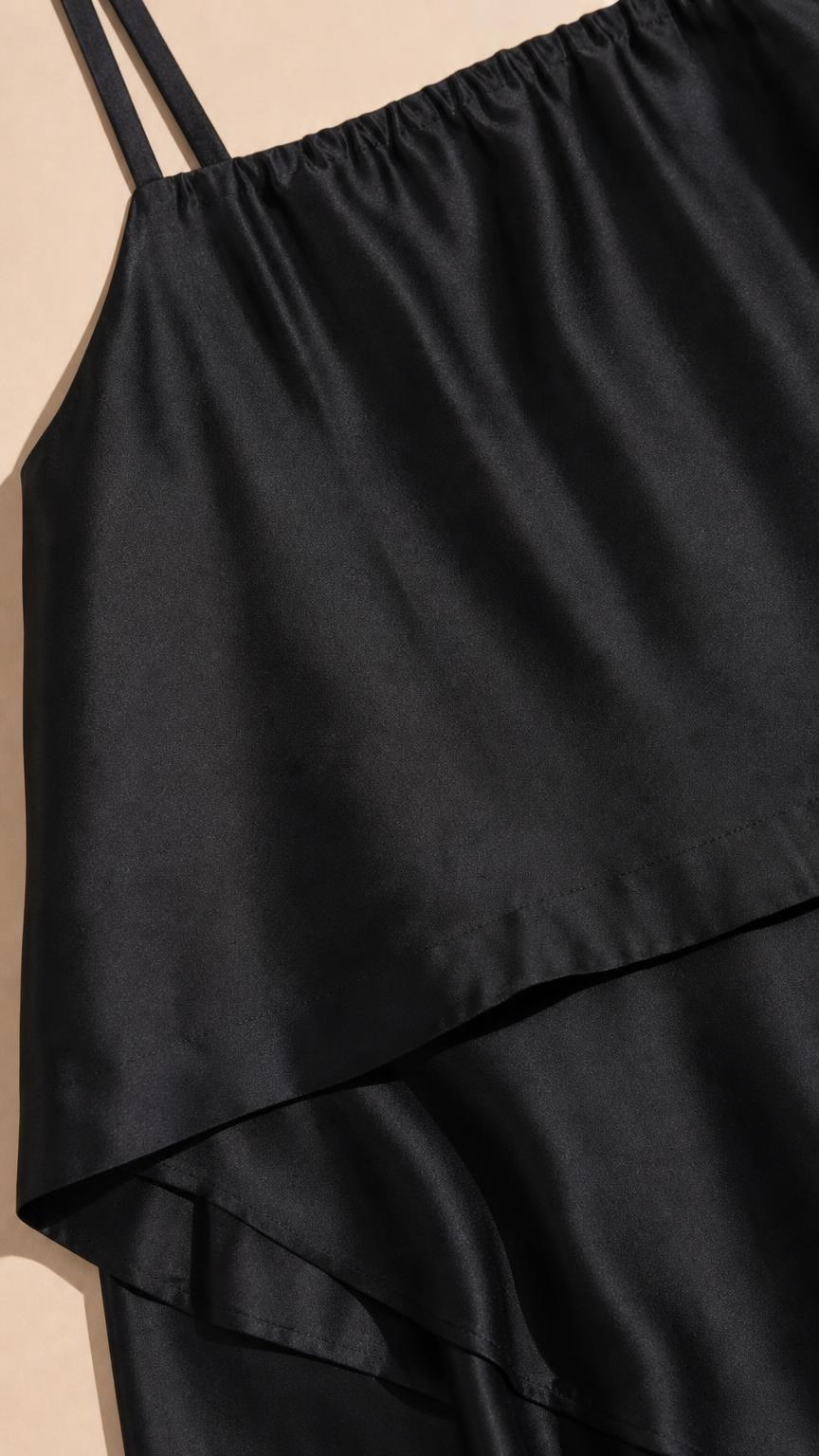Closeup of smooth fabric and strap detail on black dress