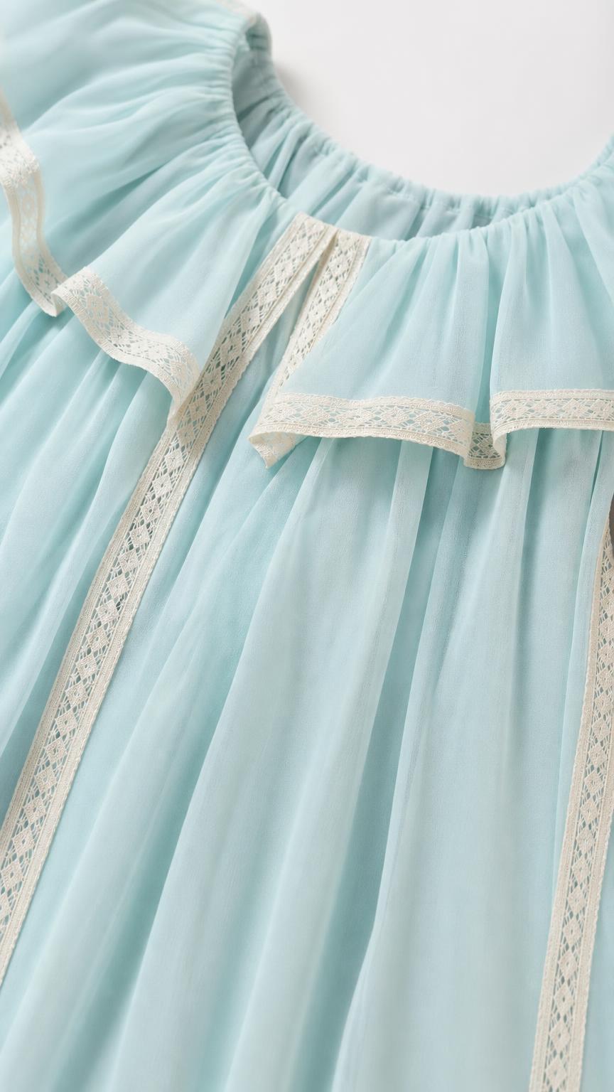 Close-up of lace trim and ruffles on light blue dress