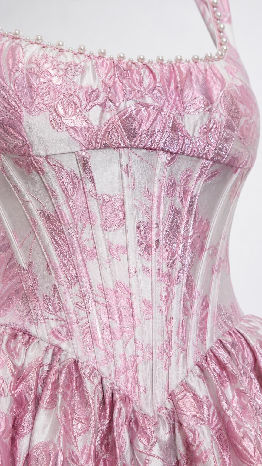 Close-up detail of the pearl trimmed neckline and corset bodice